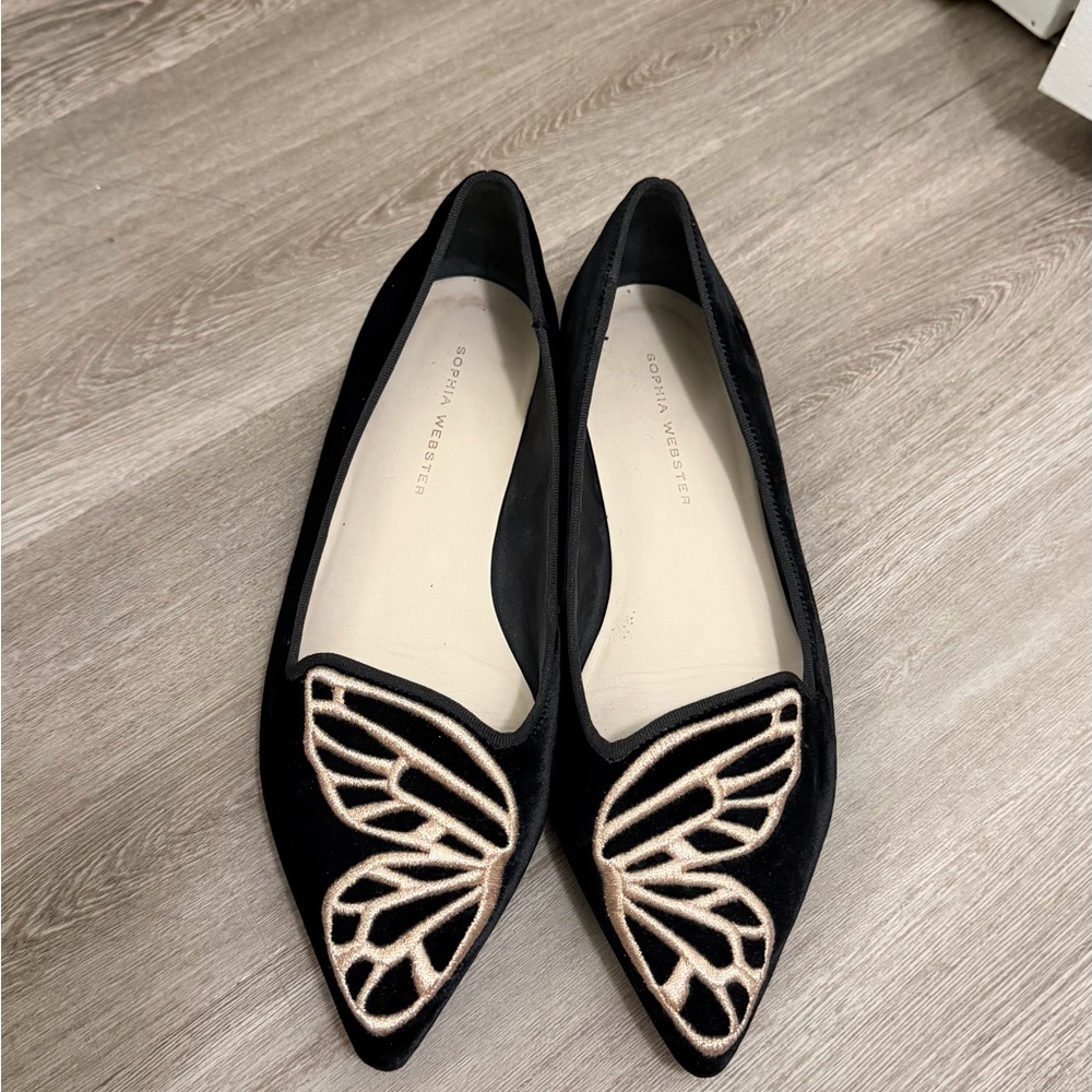 Sophia Webster Black Velvet Flats with Gold Butterfly Detail